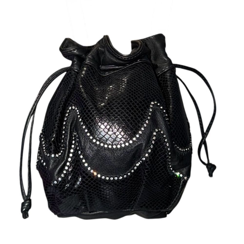 Vintage Black Leather Drawstring Bucket Bag With Rhinestones 1980’s